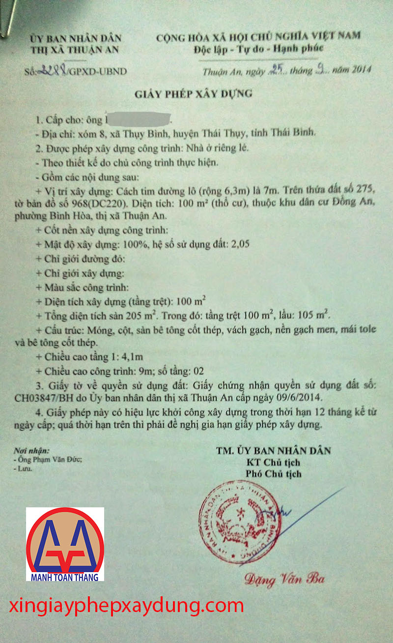 Xin giấy phép xây dựng Thuận An, Bình Dương